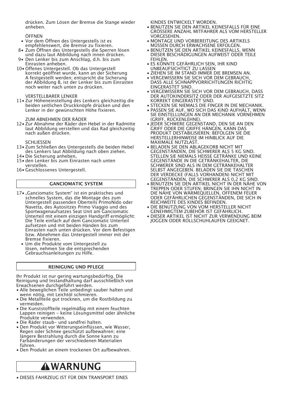 Warnung | Peg-Perego Classico User Manual | Page 13 / 36