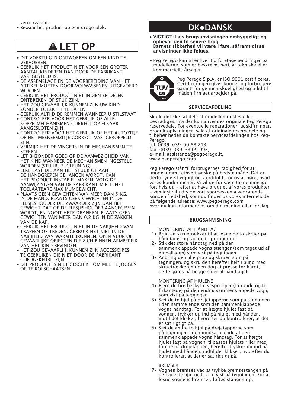 Let op, Dk•dansk | Peg-Perego Classico User Manual | Page 18 / 36