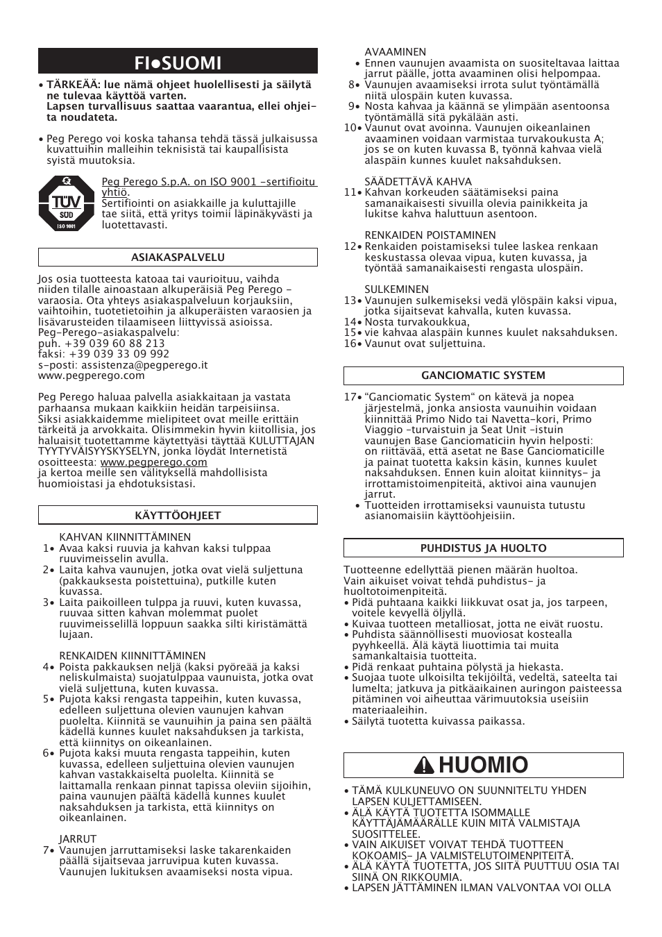 Huomio, Fi•suomi | Peg-Perego Classico User Manual | Page 20 / 36