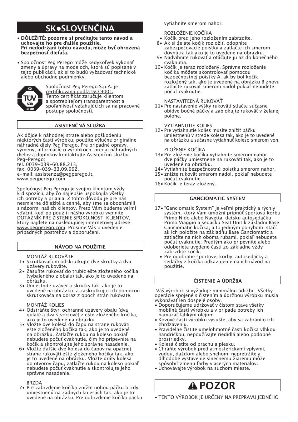 Pozor, Sk•slovenčina | Peg-Perego Classico User Manual | Page 23 / 36