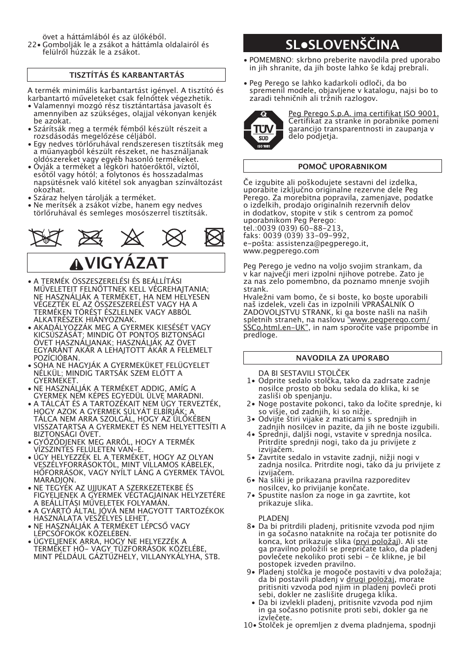Vigyázat, Sl•slovenščina | Peg-Perego Merenda User Manual | Page 19 / 28