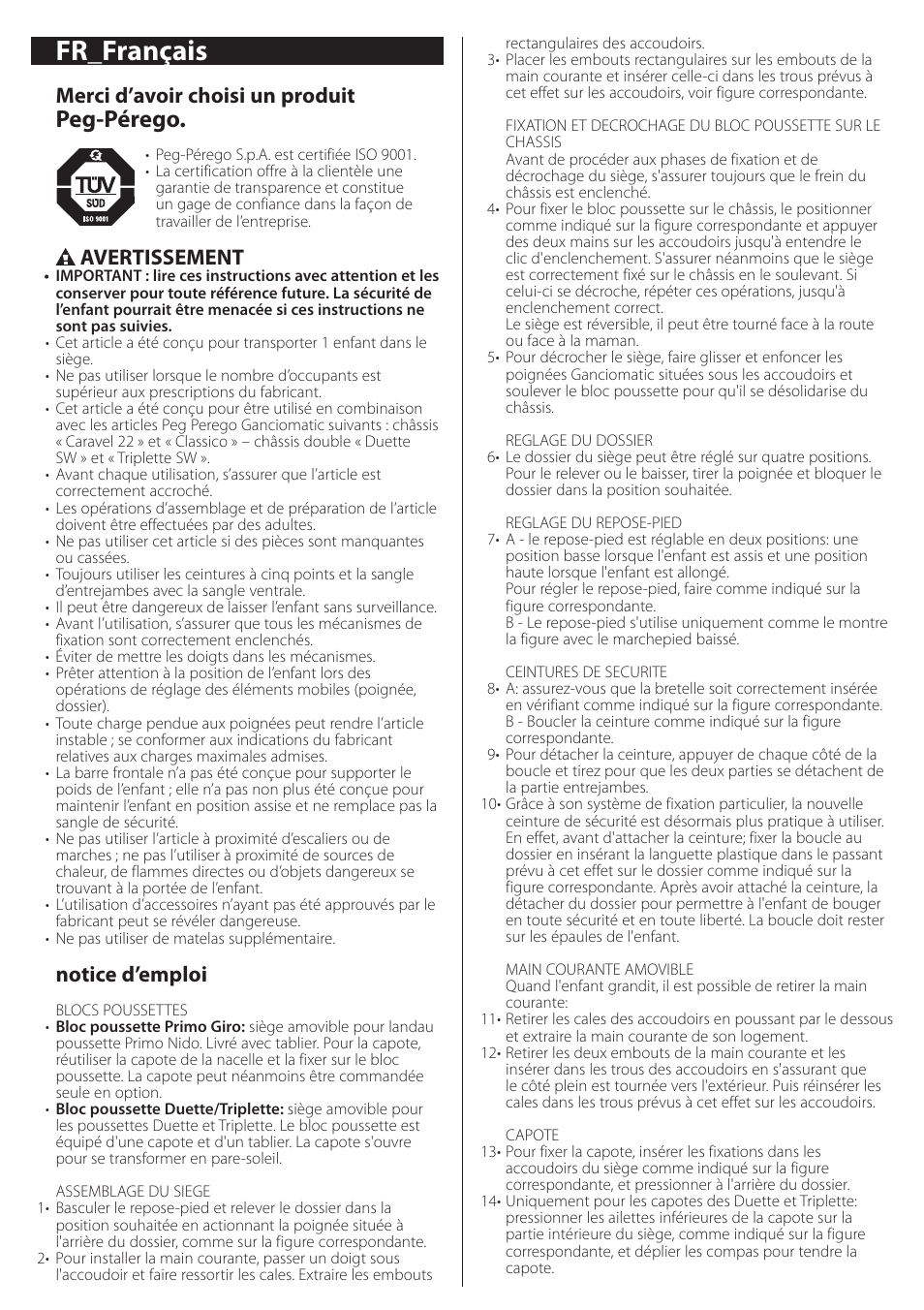 Fr_français, Peg-pérego, Merci d’avoir choisi un produit | Avertissement, Notice d’emploi | Peg-Perego Seat Unit User Manual | Page 10 / 36