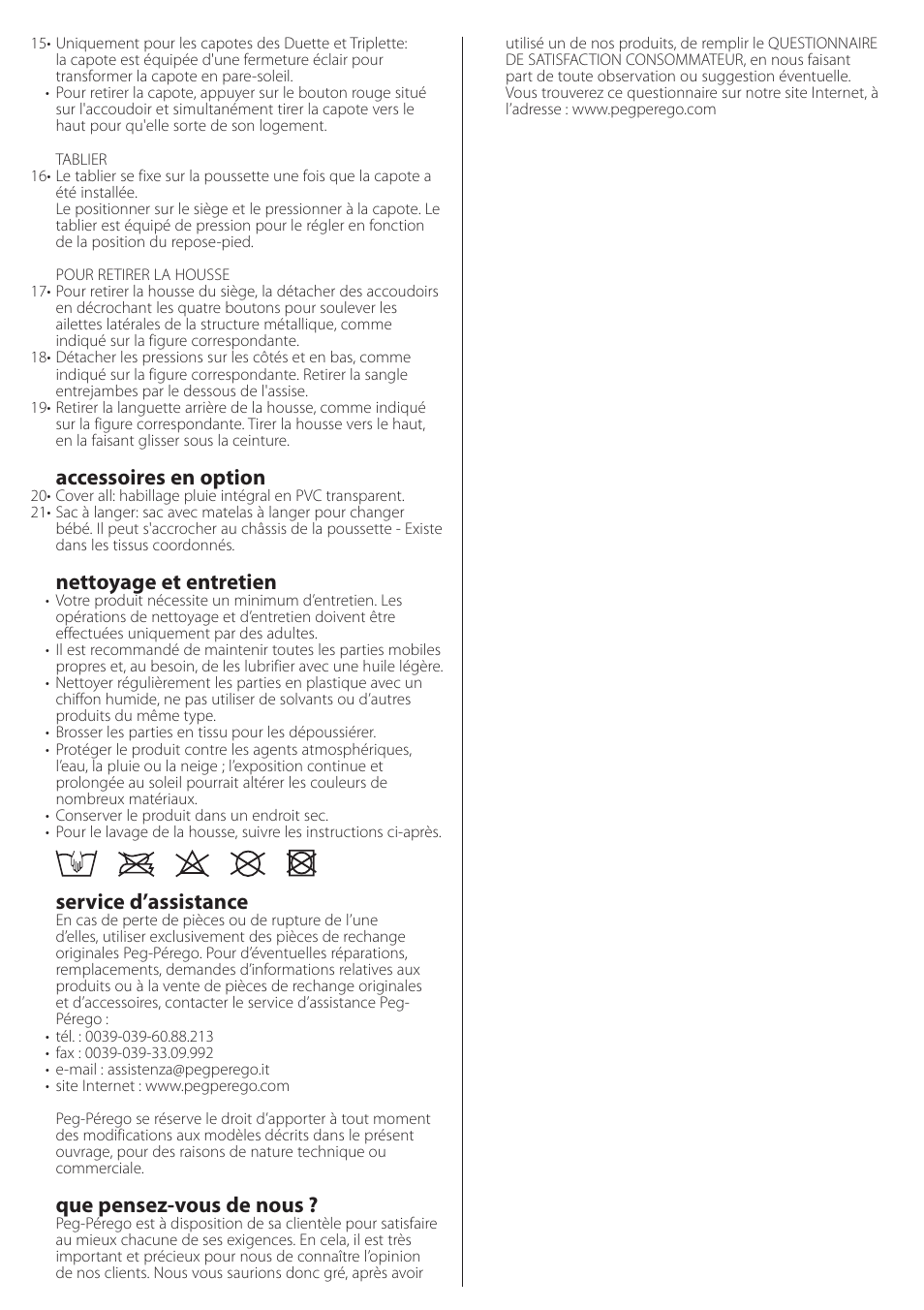 Accessoires en option, Nettoyage et entretien, Service d’assistance | Que pensez-vous de nous | Peg-Perego Seat Unit User Manual | Page 11 / 36