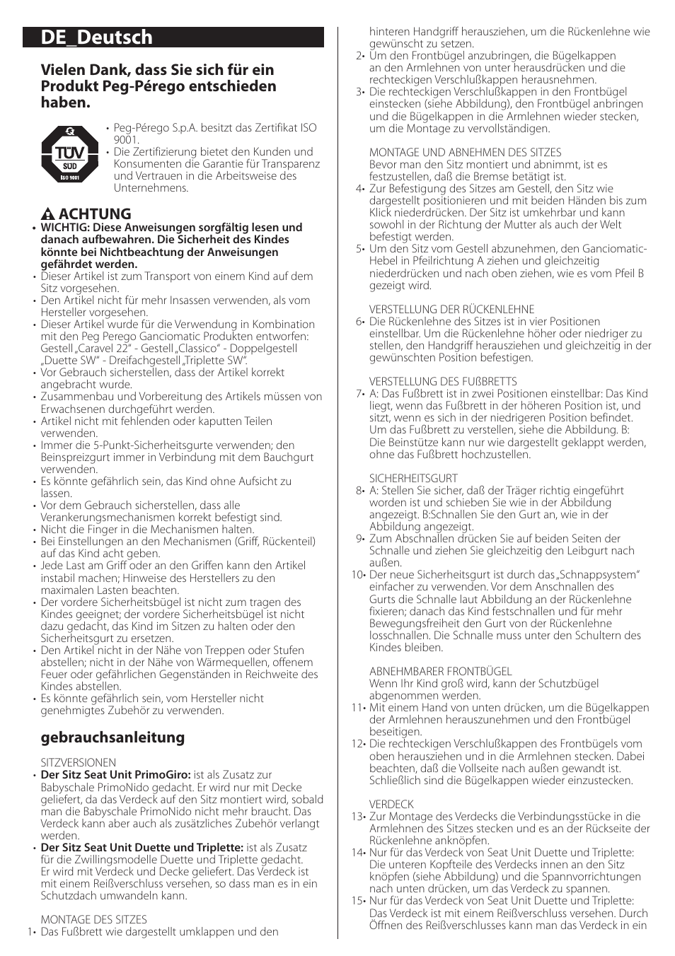 De_deutsch, Achtung, Gebrauchsanleitung | Peg-Perego Seat Unit User Manual | Page 12 / 36