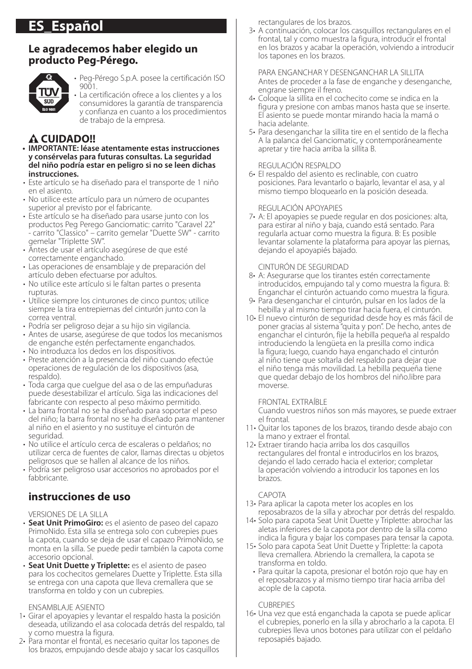 Es_español, Cuidado, Instrucciones de uso | Peg-Perego Seat Unit User Manual | Page 14 / 36