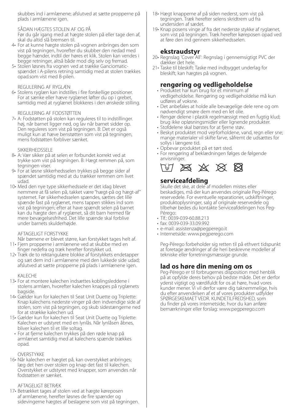 Ekstraudstyr, Rengøring og vedligeholdelse, Serviceafdeling | Lad os høre din mening om os | Peg-Perego Seat Unit User Manual | Page 19 / 36
