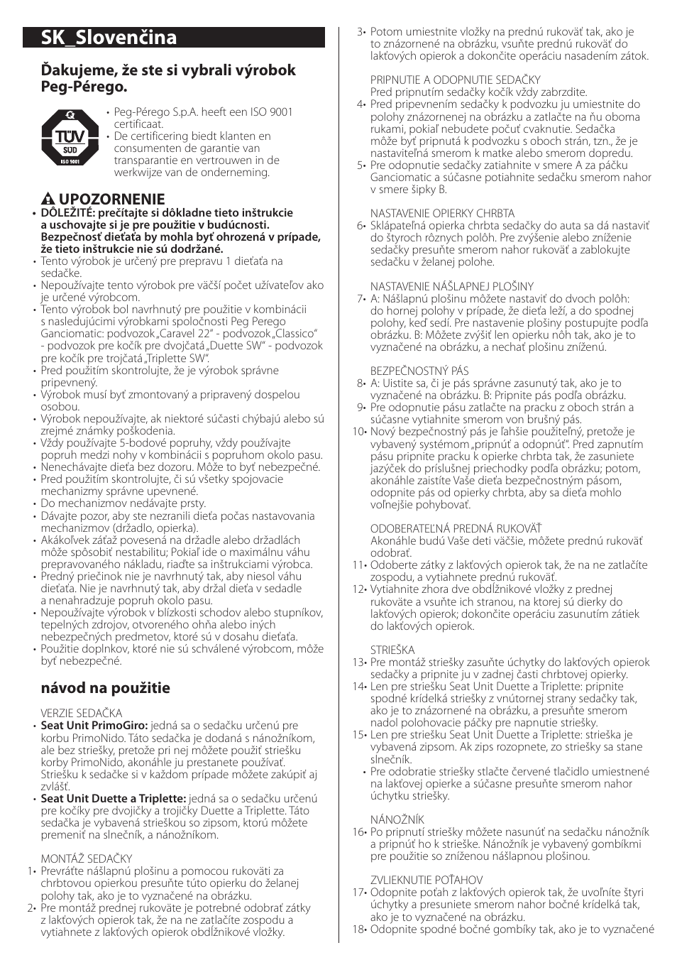 Sk_slovenčina, Ďakujeme, že ste si vybrali výrobok peg-pérego, Upozornenie | Návod na použitie | Peg-Perego Seat Unit User Manual | Page 23 / 36