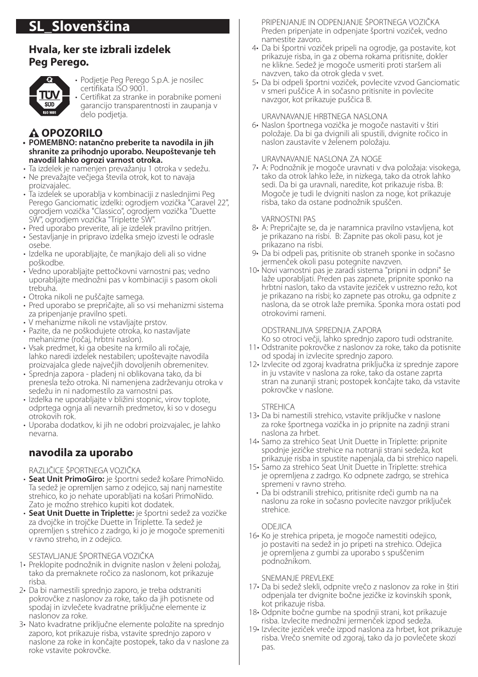 Sl_slovenščina, Hvala, ker ste izbrali izdelek peg perego, Opozorilo | Navodila za uporabo | Peg-Perego Seat Unit User Manual | Page 26 / 36