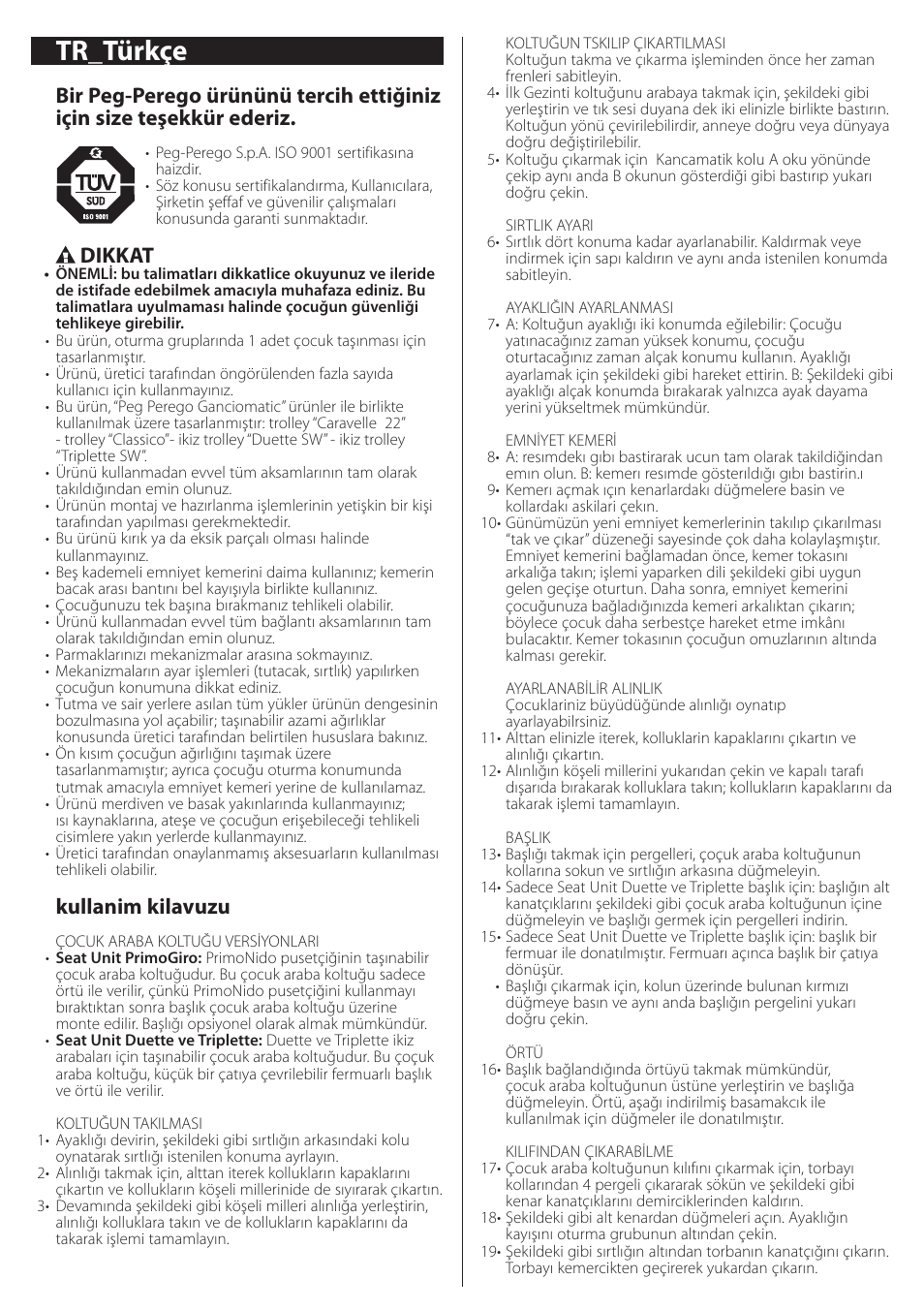 Tr_türkçe, Dikkat, Kullanim kilavuzu | Peg-Perego Seat Unit User Manual | Page 29 / 36