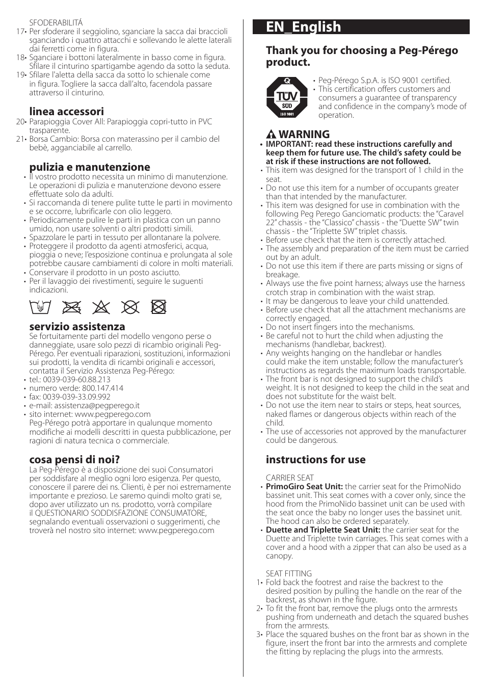 En_english, Warning, Instructions for use | Linea accessori, Pulizia e manutenzione, Servizio assistenza, Cosa pensi di noi | Peg-Perego Seat Unit User Manual | Page 8 / 36