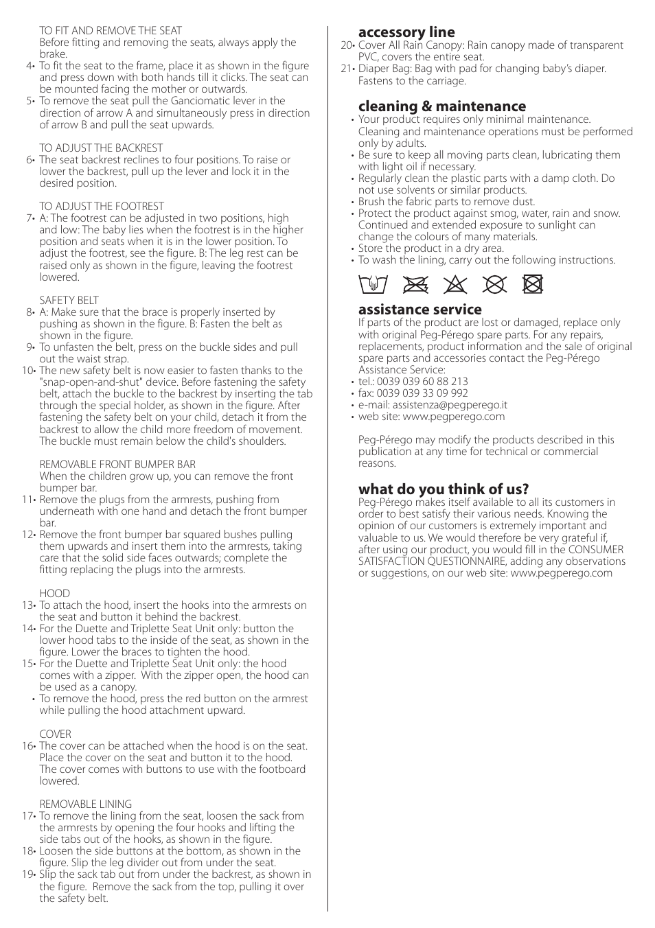 Accessory line, Cleaning & maintenance, Assistance service | What do you think of us | Peg-Perego Seat Unit User Manual | Page 9 / 36