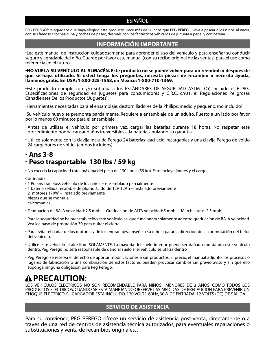 Precaution, Información importante | Peg-Perego POLARIS TRAIL BOSS IGOD0052 User Manual | Page 13 / 24