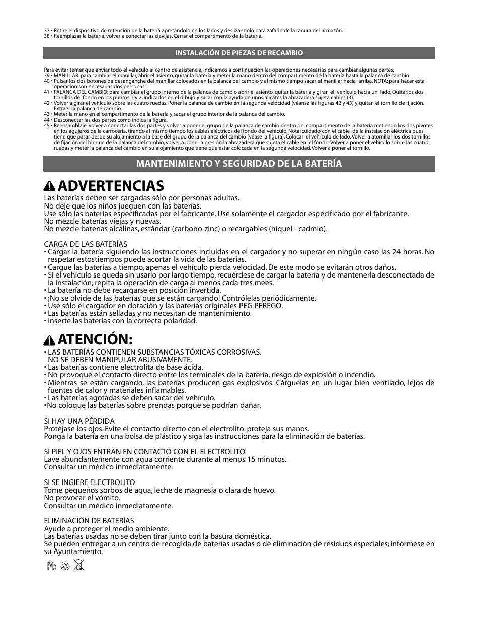 Advertencias, Atención, Mantenimiento y seguridad de la batería | Peg-Perego POLARIS TRAIL BOSS IGOD0052 User Manual | Page 15 / 24