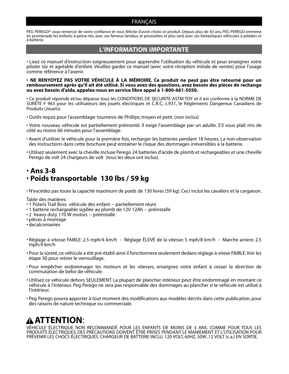 Attention, L'information importante | Peg-Perego POLARIS TRAIL BOSS IGOD0052 User Manual | Page 18 / 24