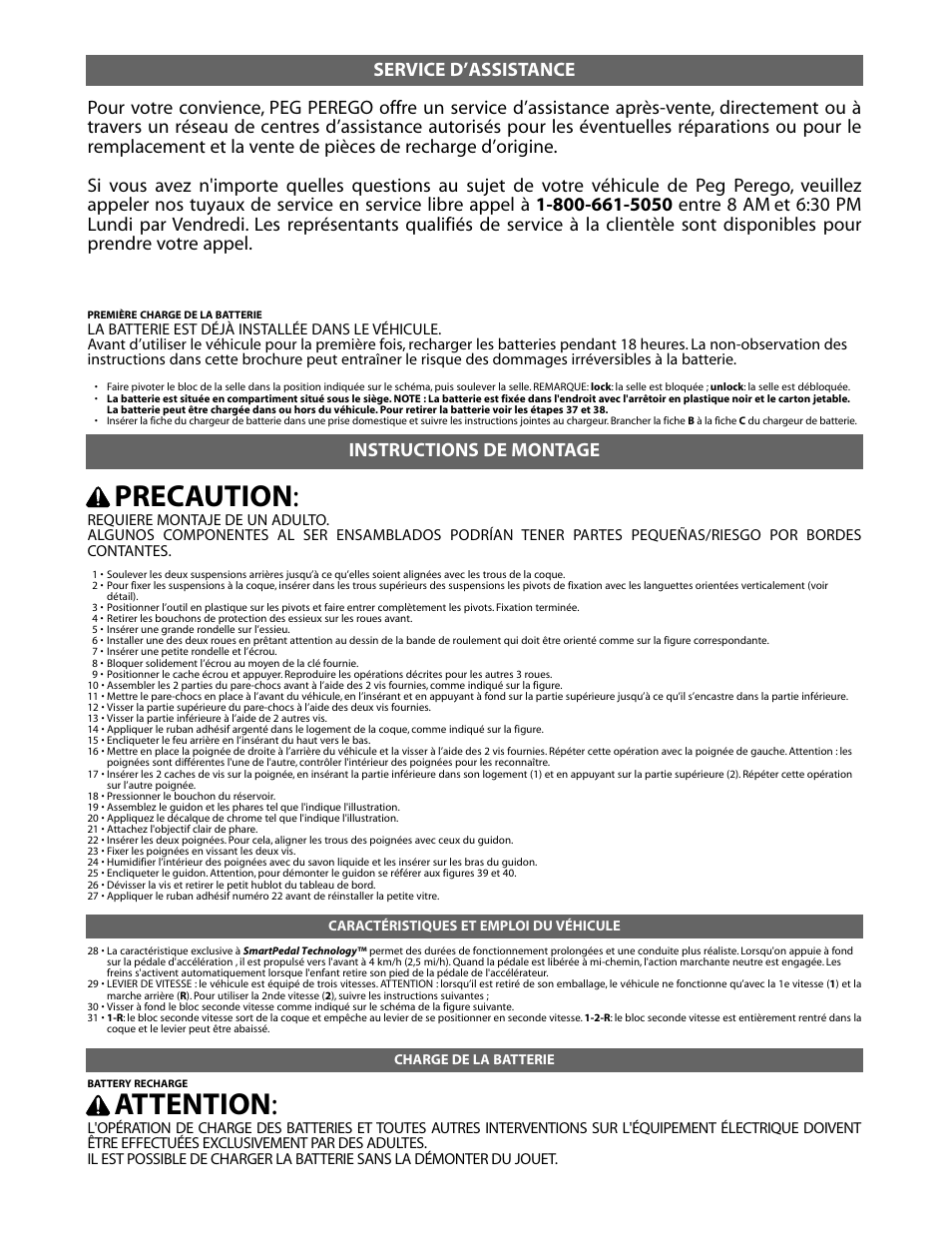 Precaution, Attention, Service d’assistance instructions de montage | Peg-Perego POLARIS TRAIL BOSS IGOD0052 User Manual | Page 19 / 24