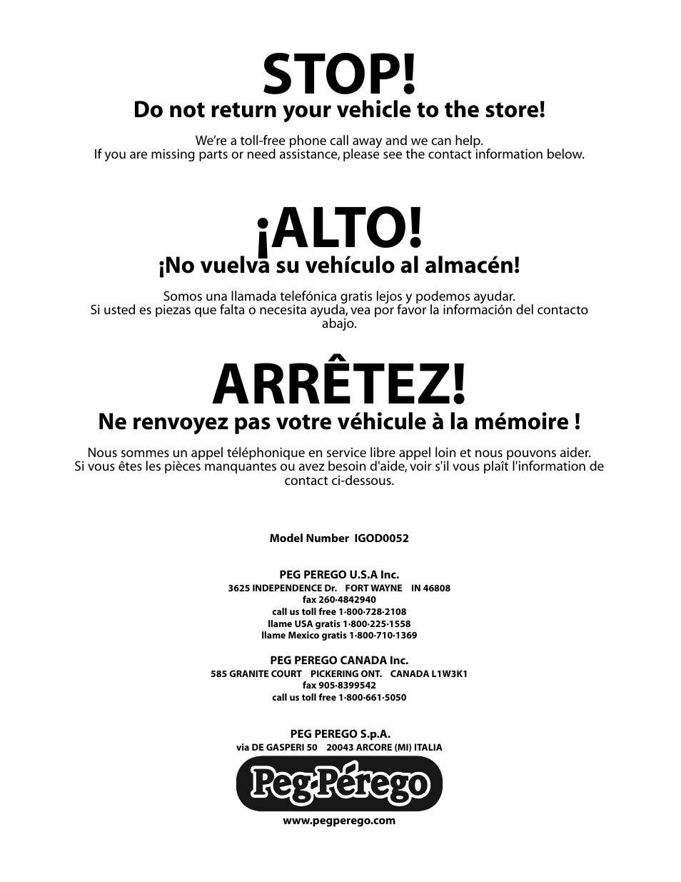 Stop, Alto, Arrêtez | Do not return your vehicle to the store, No vuelva su vehículo al almacén, Ne renvoyez pas votre véhicule à la mémoire | Peg-Perego POLARIS TRAIL BOSS IGOD0052 User Manual | Page 24 / 24