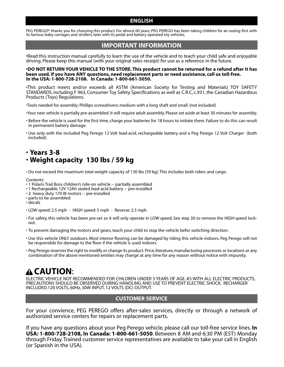 Caution, Important information | Peg-Perego POLARIS TRAIL BOSS IGOD0052 User Manual | Page 8 / 24