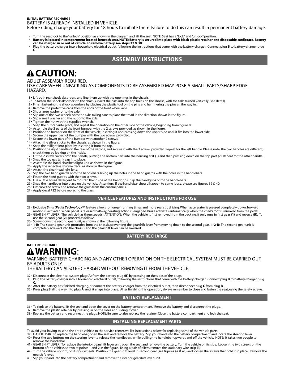 Caution, Warning, Assembly instructions | Peg-Perego POLARIS TRAIL BOSS IGOD0052 User Manual | Page 9 / 24