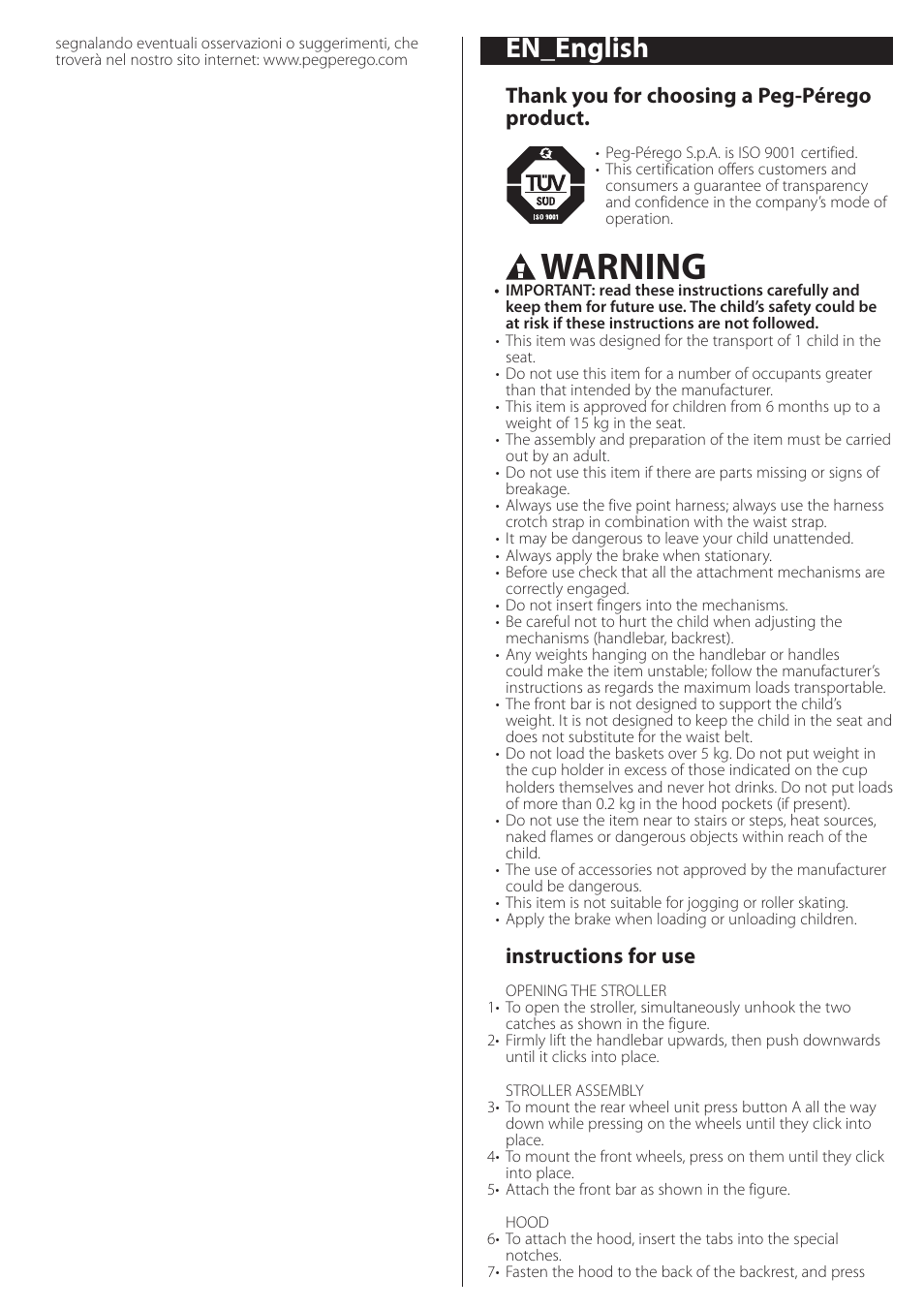 Warning, En_english, Instructions for use | Peg-Perego aria on track User Manual | Page 10 / 40