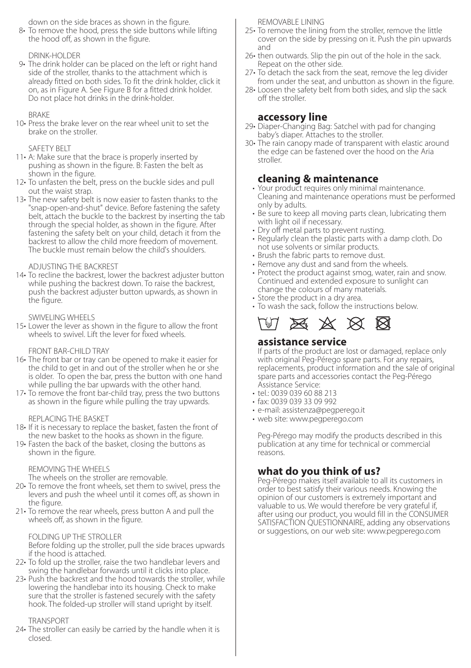 Accessory line, Cleaning & maintenance, Assistance service | What do you think of us | Peg-Perego aria on track User Manual | Page 11 / 40