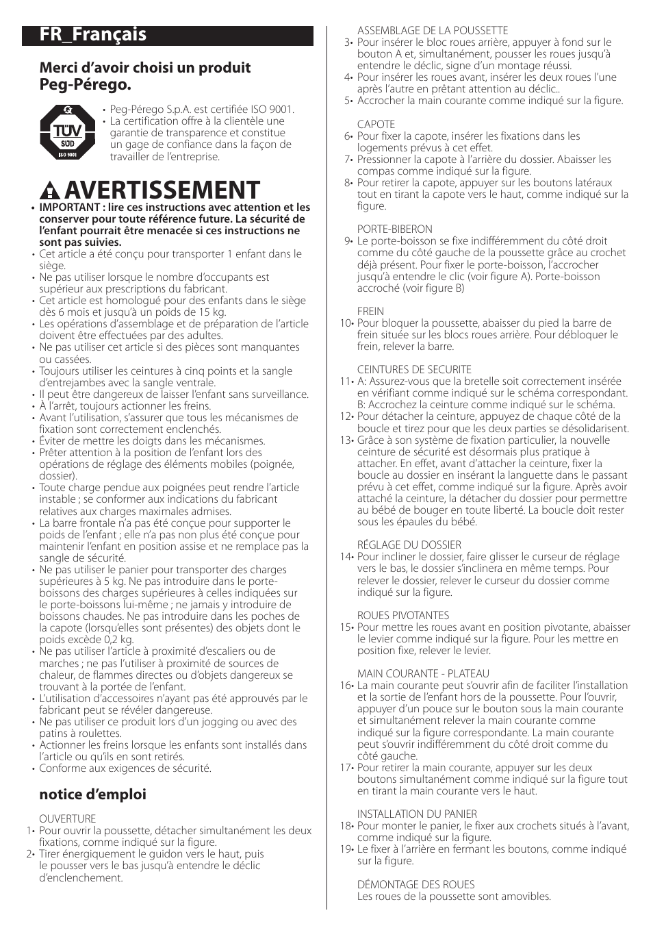 Avertissement, Fr_français, Peg-pérego | Merci d’avoir choisi un produit, Notice d’emploi | Peg-Perego aria on track User Manual | Page 12 / 40