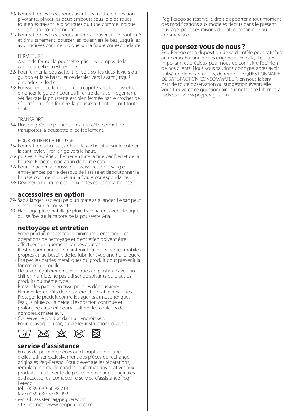 Accessoires en option, Nettoyage et entretien, Service d’assistance | Que pensez-vous de nous | Peg-Perego aria on track User Manual | Page 13 / 40