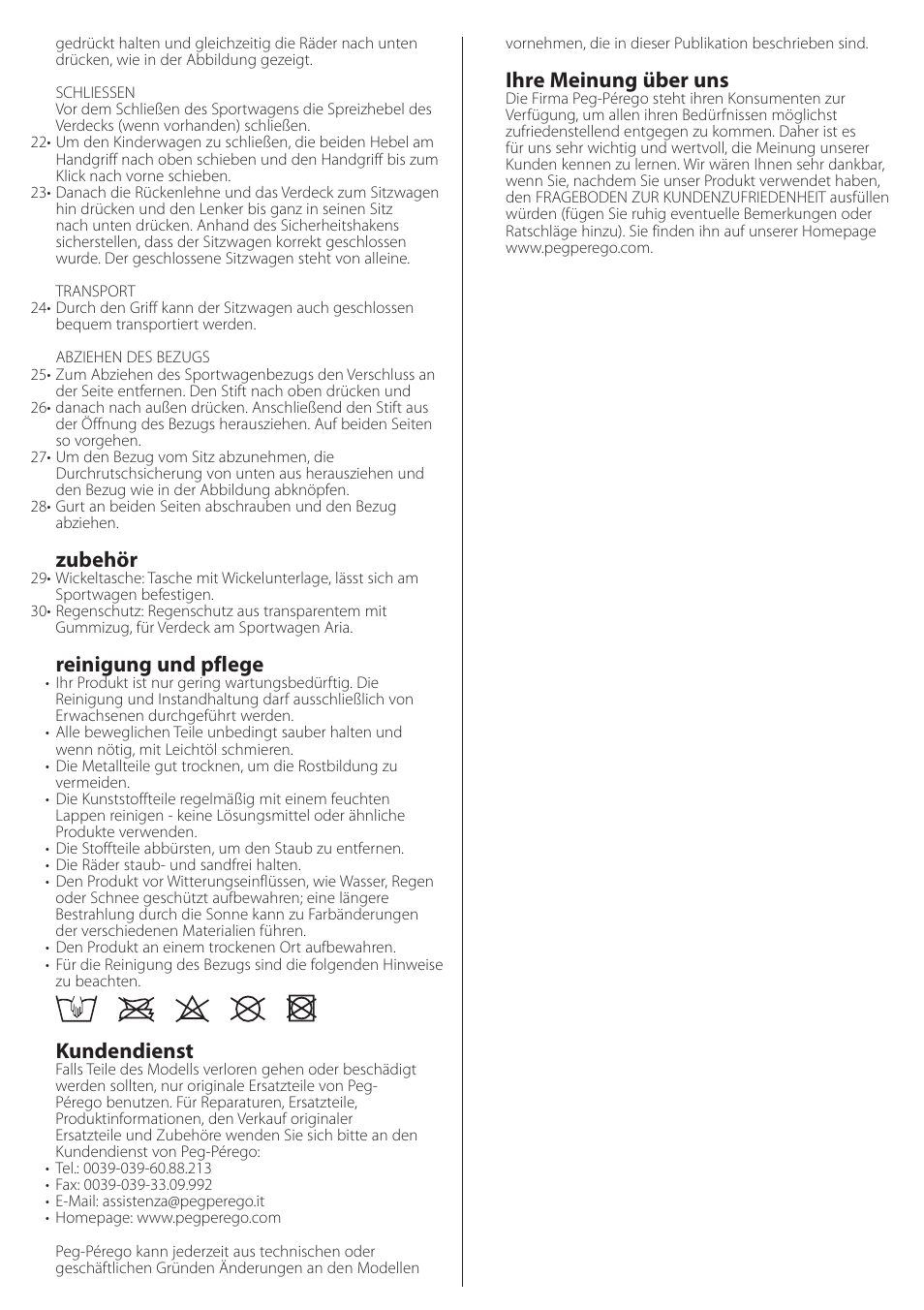 Zubehör, Reinigung und pflege, Kundendienst | Ihre meinung über uns | Peg-Perego aria on track User Manual | Page 15 / 40
