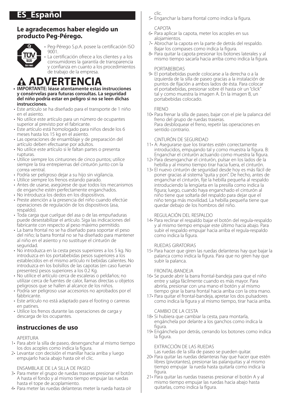 Advertencia, Es_español, Instrucciones de uso | Peg-Perego aria on track User Manual | Page 16 / 40