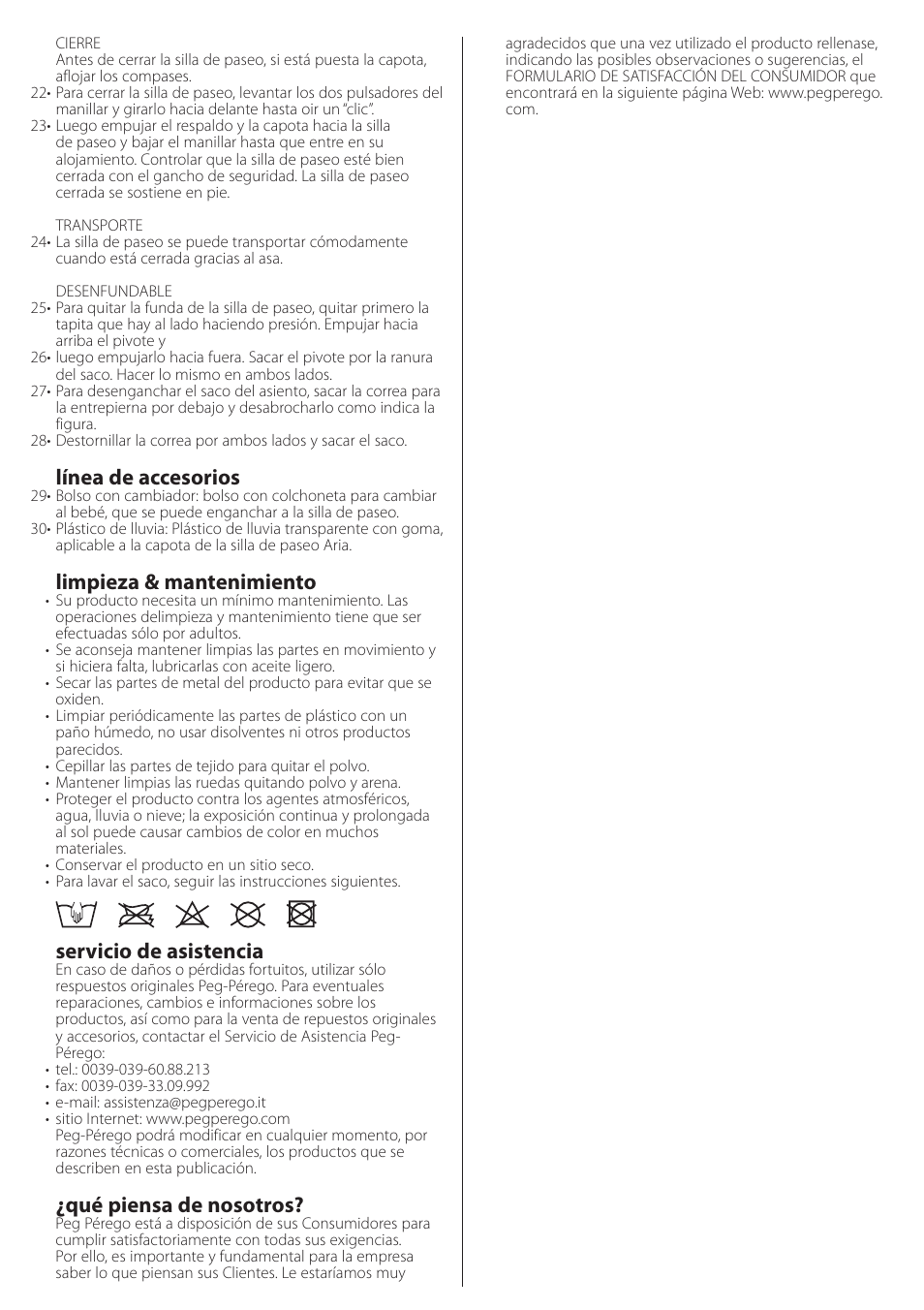 Línea de accesorios, Limpieza & mantenimiento, Servicio de asistencia | Qué piensa de nosotros | Peg-Perego aria on track User Manual | Page 17 / 40