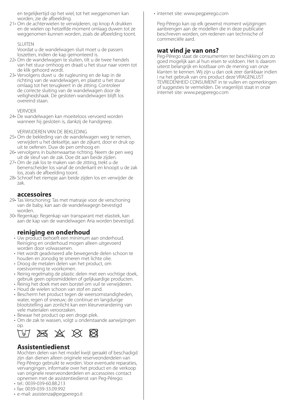 Accessoires, Reiniging en onderhoud, Assistentiedienst | Wat vind je van ons | Peg-Perego aria on track User Manual | Page 21 / 40