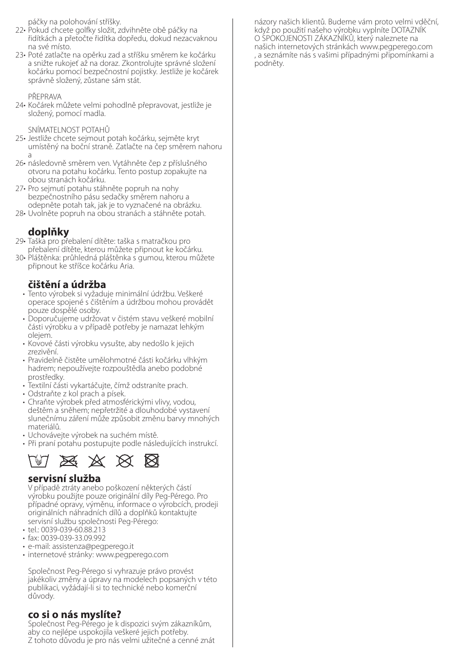 Doplňky, Čištění a údržba, Servisní služba | Co si o nás myslíte | Peg-Perego aria on track User Manual | Page 26 / 40