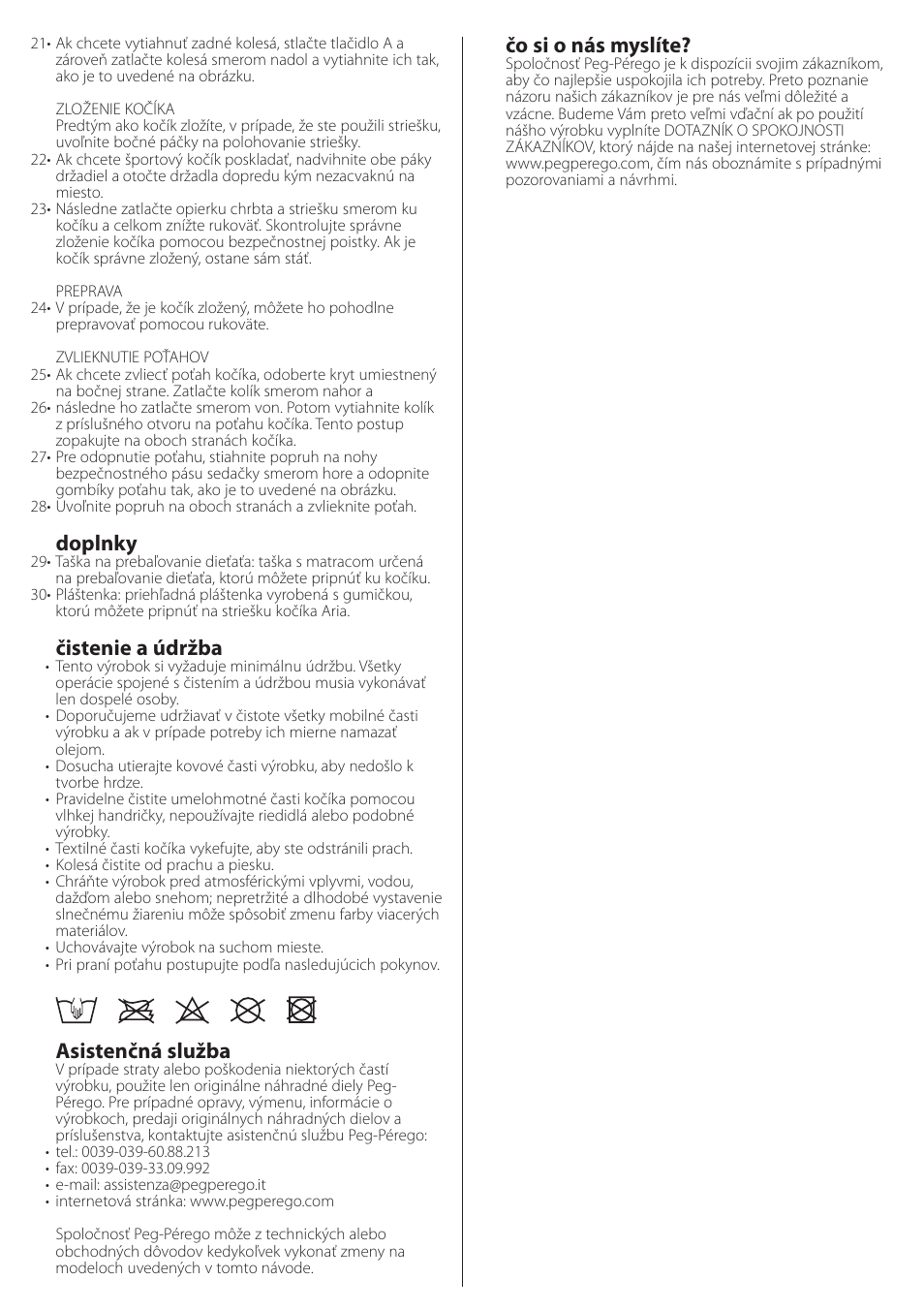 Čo si o nás myslíte, Doplnky, Čistenie a údržba | Asistenčná služba | Peg-Perego aria on track User Manual | Page 28 / 40