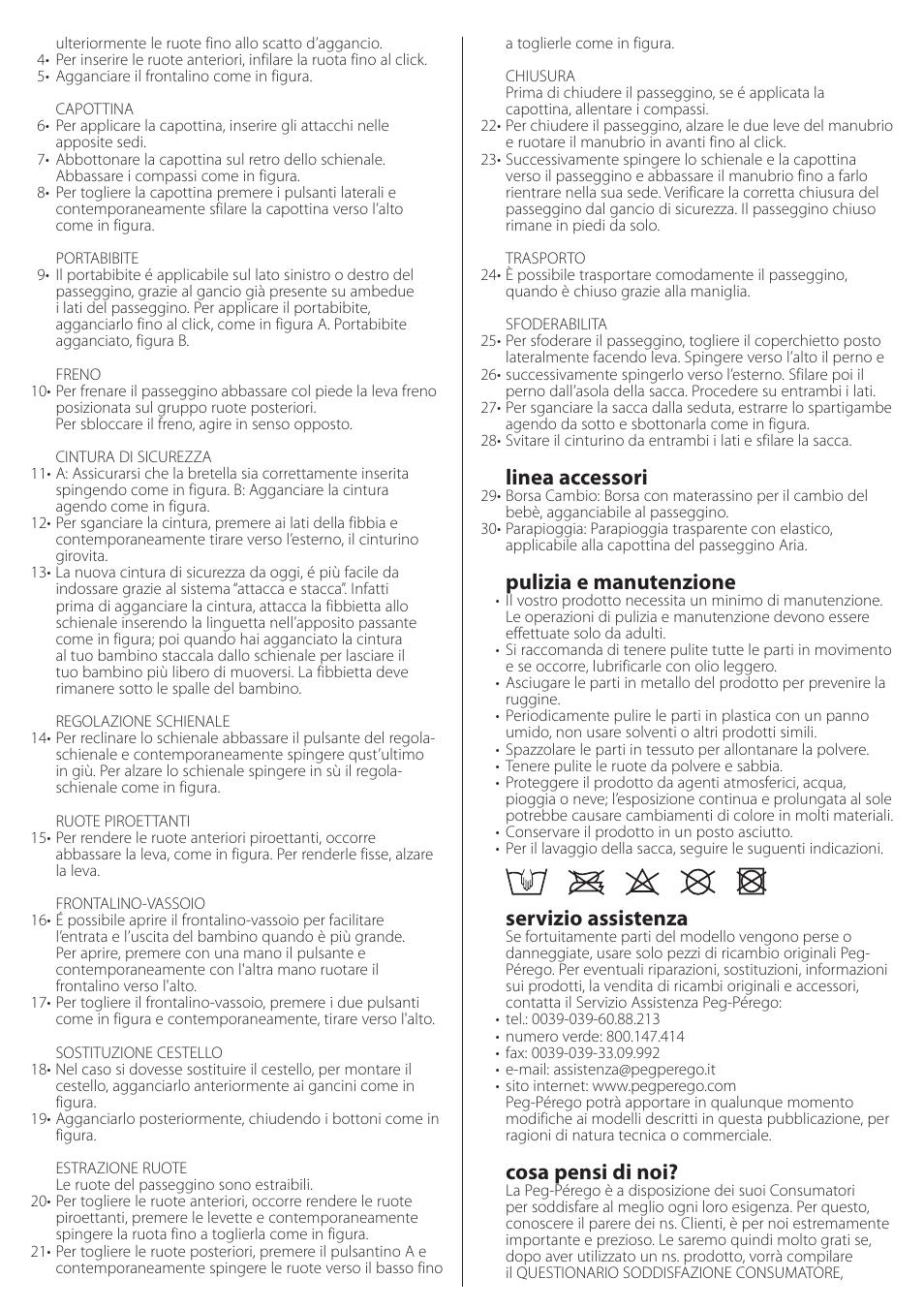 Linea accessori, Pulizia e manutenzione, Servizio assistenza | Cosa pensi di noi | Peg-Perego aria on track User Manual | Page 9 / 40