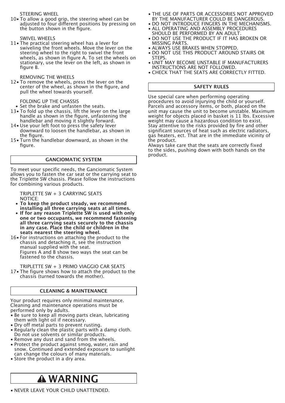Warning | Peg-Perego Triplette SW User Manual | Page 10 / 28