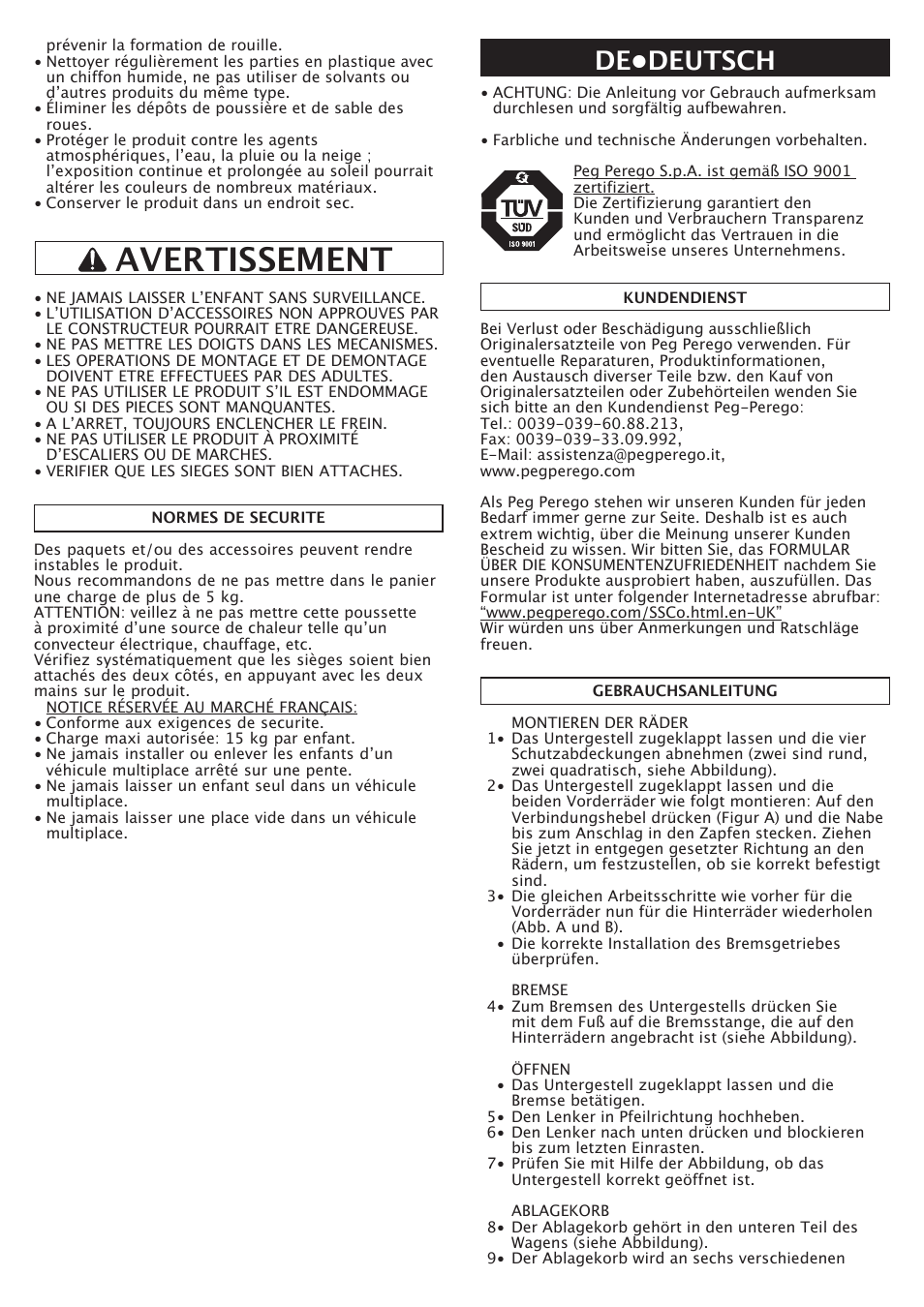 Avertissement, De•deutsch | Peg-Perego Triplette SW User Manual | Page 12 / 28