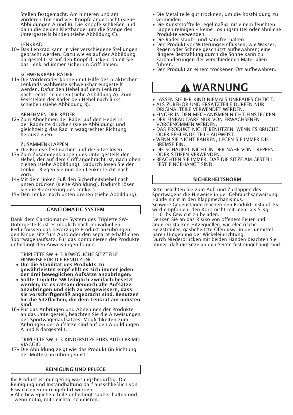 Warnung | Peg-Perego Triplette SW User Manual | Page 13 / 28