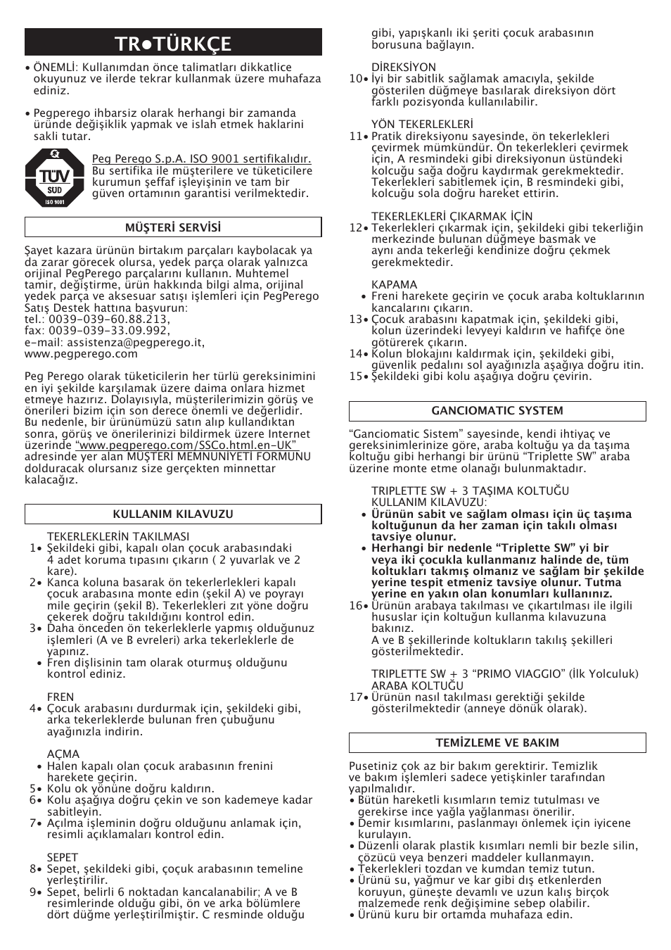 Tr•türkçe | Peg-Perego Triplette SW User Manual | Page 23 / 28