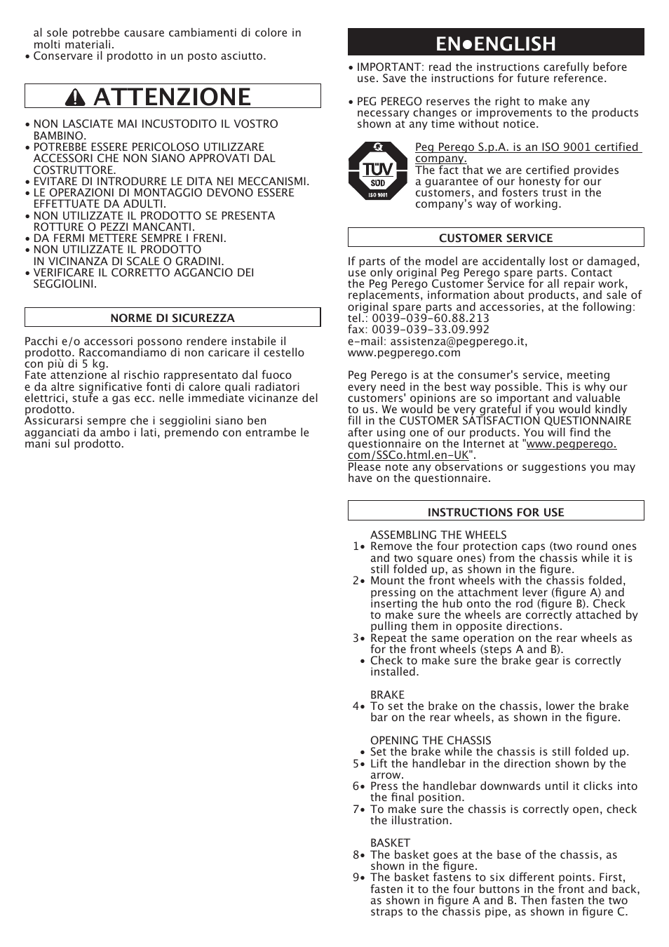 Attenzione, En•english | Peg-Perego Triplette SW User Manual | Page 9 / 28