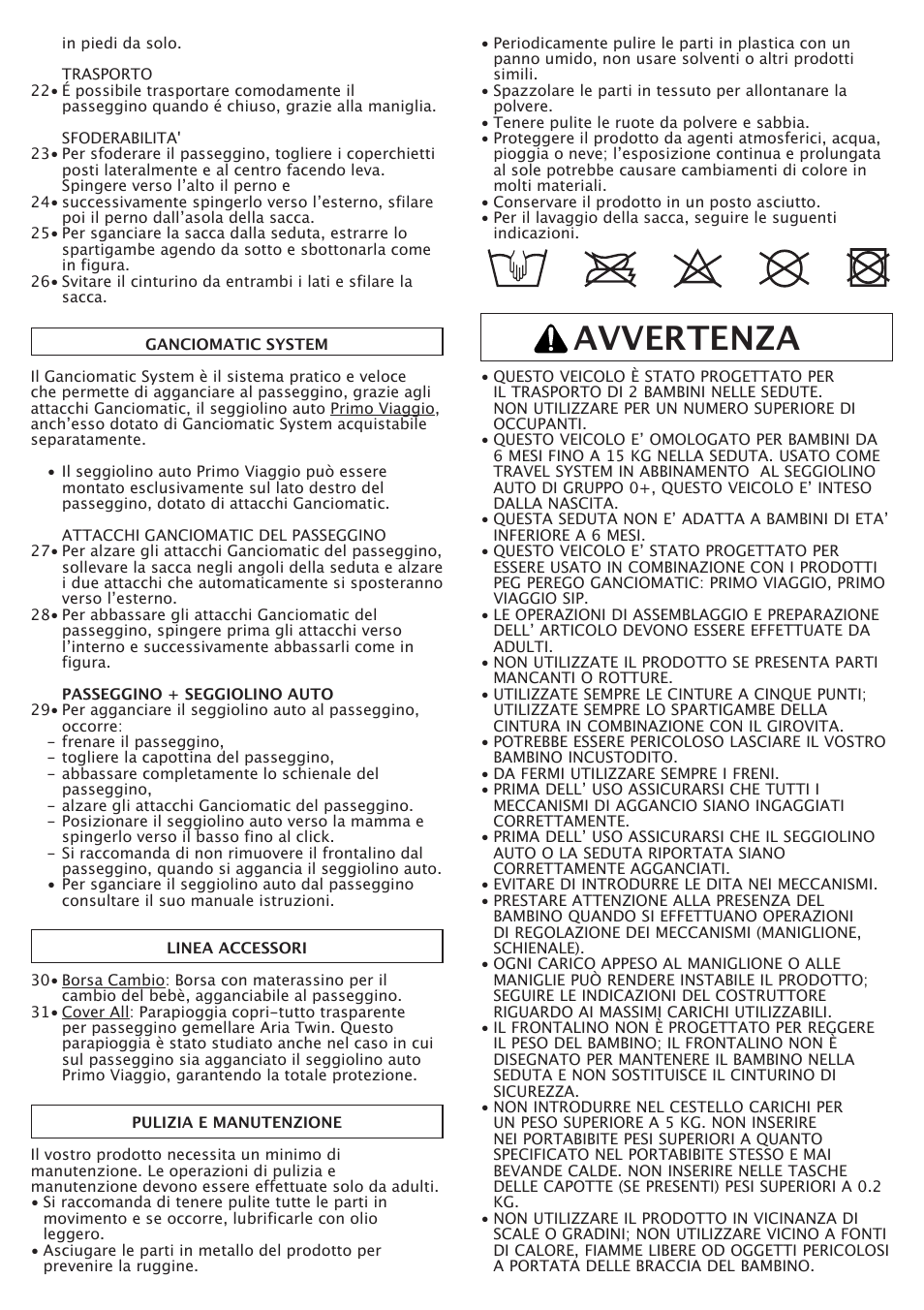 Avvertenza | Peg-Perego Aria Twin 60-40 FI000703I85 User Manual | Page 11 / 52