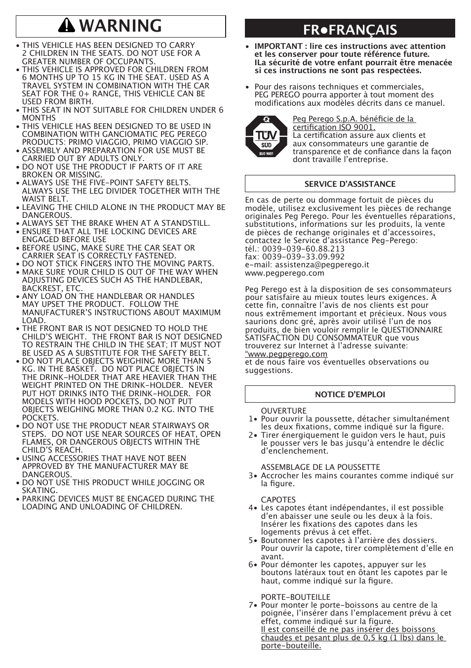 Warning, Fr•français | Peg-Perego Aria Twin 60-40 FI000703I85 User Manual | Page 14 / 52