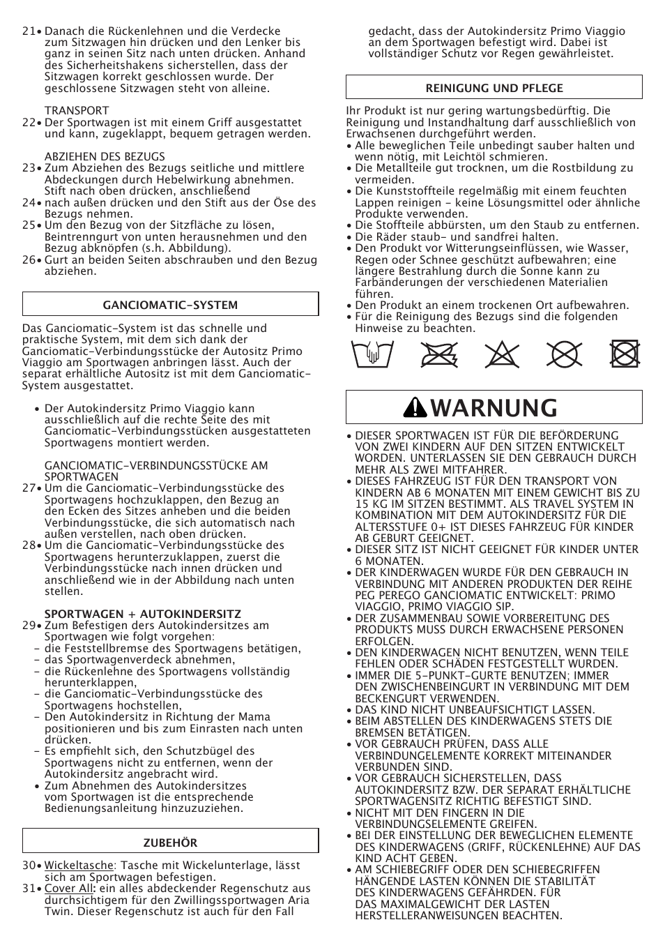 Warnung | Peg-Perego Aria Twin 60-40 FI000703I85 User Manual | Page 18 / 52