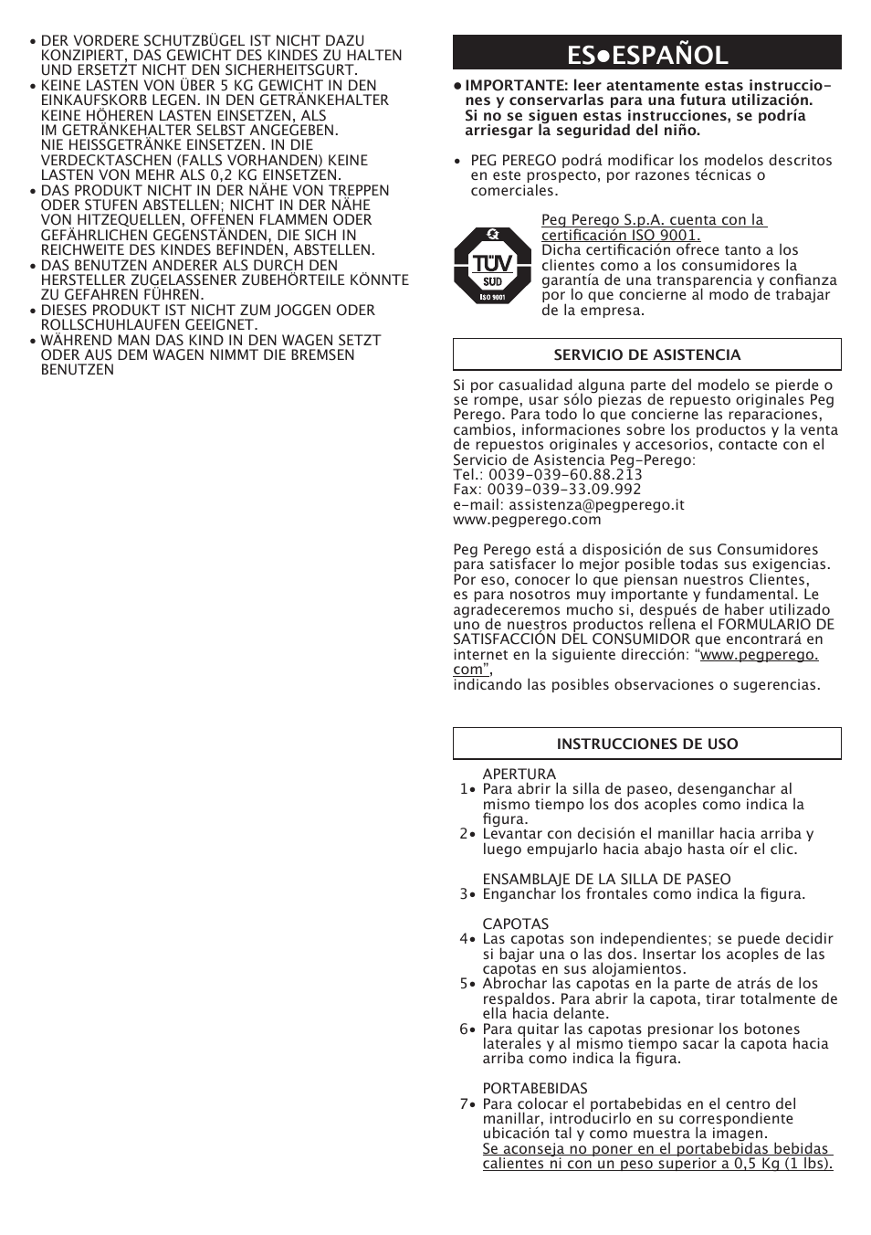 Es•español | Peg-Perego Aria Twin 60-40 FI000703I85 User Manual | Page 19 / 52