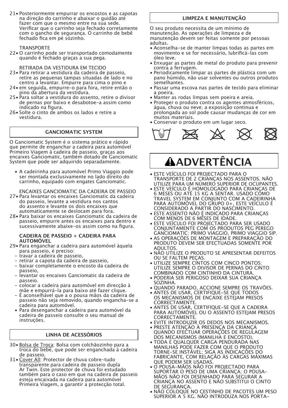 Advertência | Peg-Perego Aria Twin 60-40 FI000703I85 User Manual | Page 23 / 52