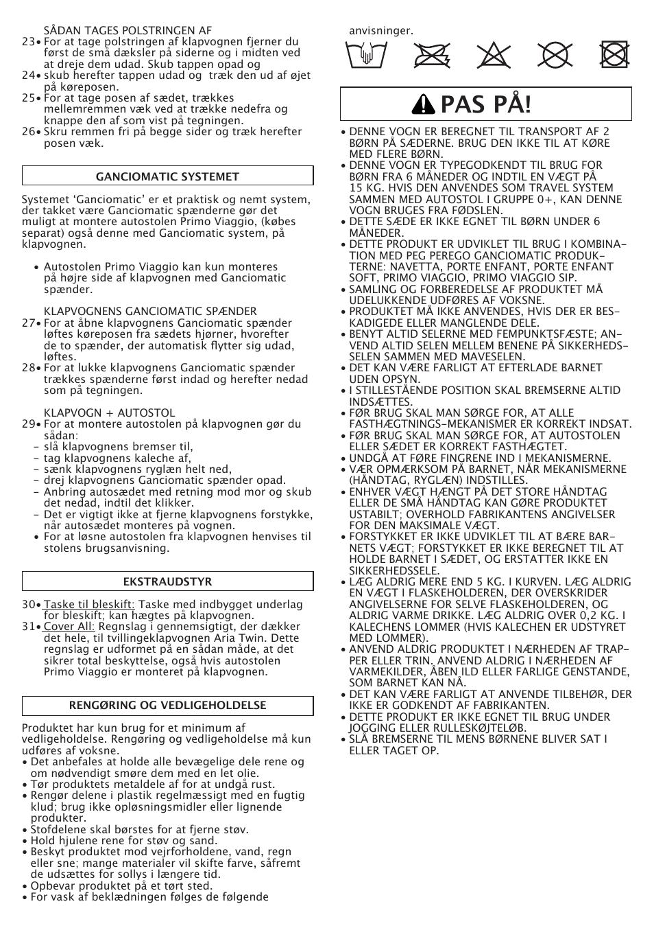 Pas på | Peg-Perego Aria Twin 60-40 FI000703I85 User Manual | Page 28 / 52