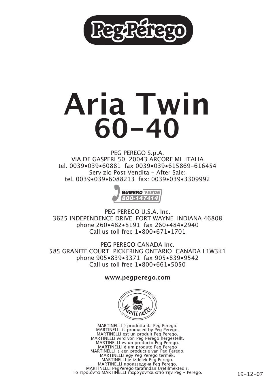 Aria twin | Peg-Perego Aria Twin 60-40 FI000703I85 User Manual | Page 52 / 52