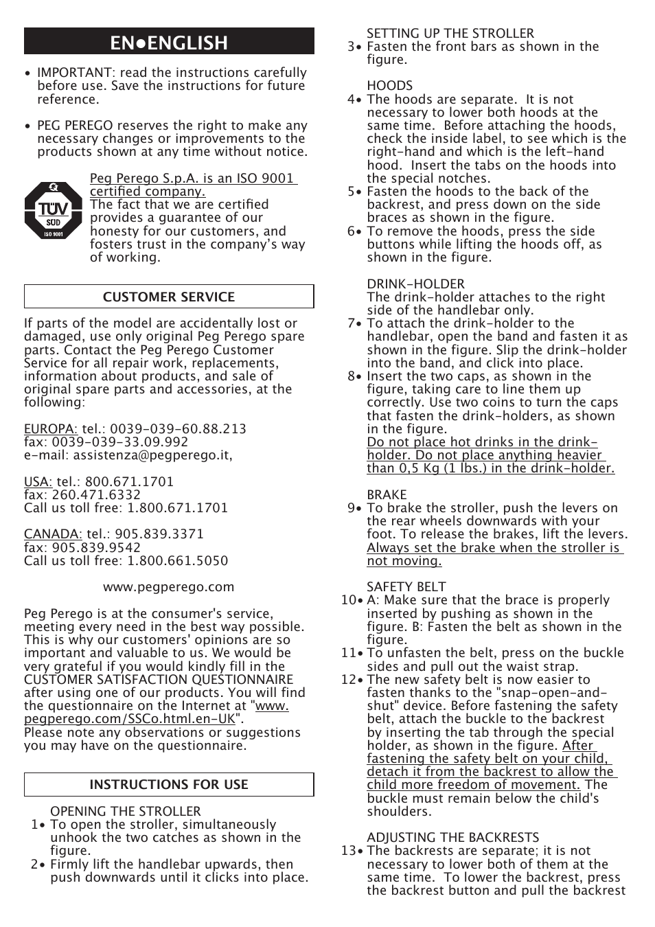 En•english | Peg-Perego Aria Twin User Manual | Page 12 / 48