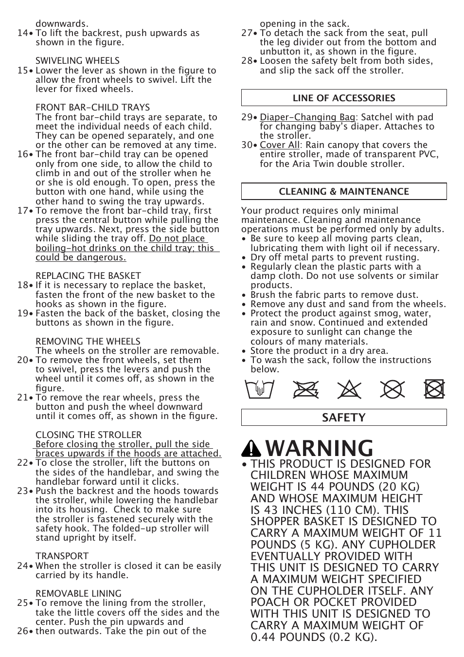 Warning, Safety | Peg-Perego Aria Twin User Manual | Page 13 / 48