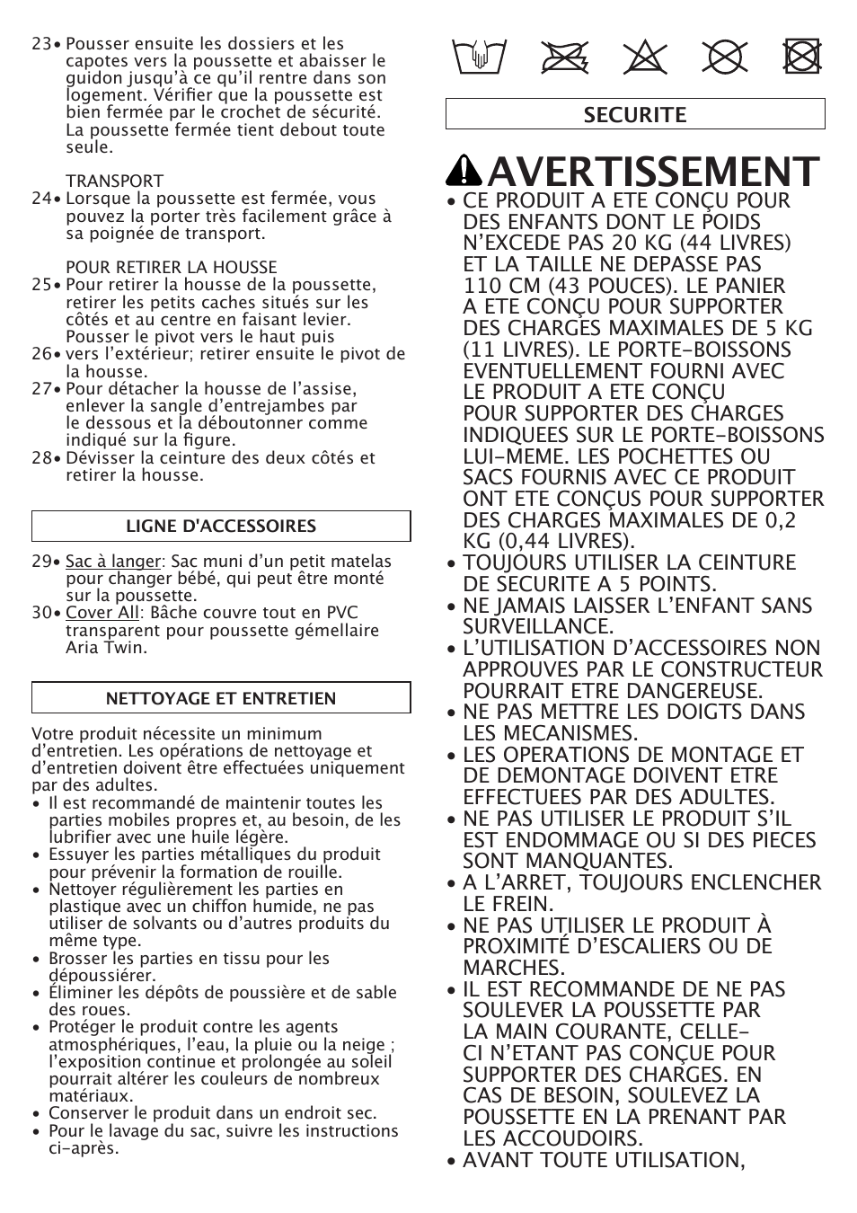 Avertissement | Peg-Perego Aria Twin User Manual | Page 16 / 48