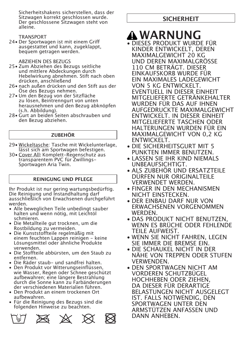 Warnung | Peg-Perego Aria Twin User Manual | Page 19 / 48