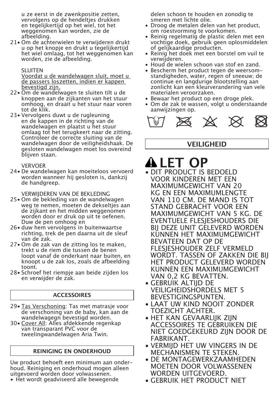 Let op | Peg-Perego Aria Twin User Manual | Page 28 / 48